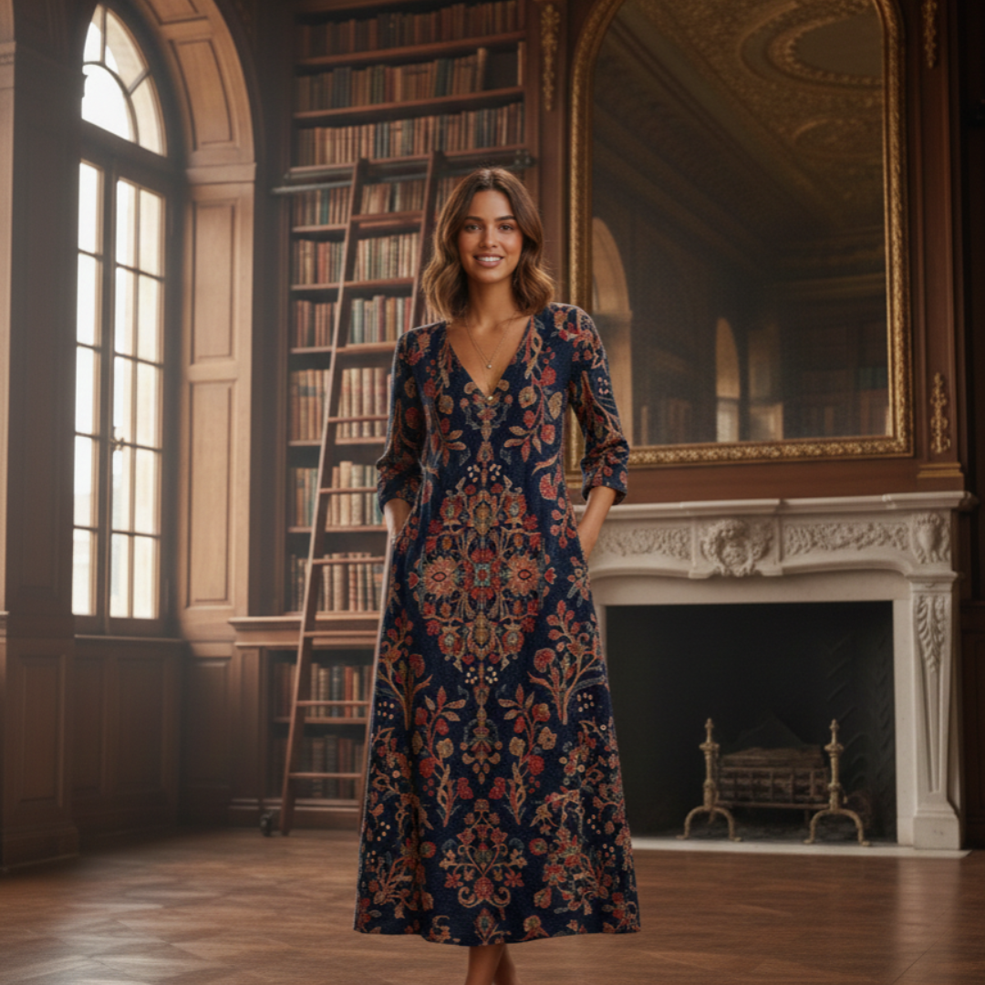 Vielseitiges Damen Midi Kleid in Dunkelbraun mit Boho Blumenprint, V-Ausschnitt; ideal für Frühling, Herbst und Wintermode.