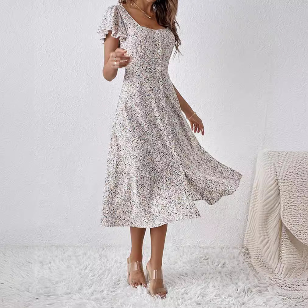 Elegantes weißes Damen Midikleid mit Blumenprint, quadratischem Ausschnitt für einen frühlingshaften Look.