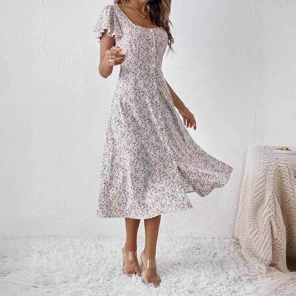 Damen A-Linien Sommerkleid, weiß mit zartem Blumenmuster, Knopfleiste & eckigem Dekolleté.