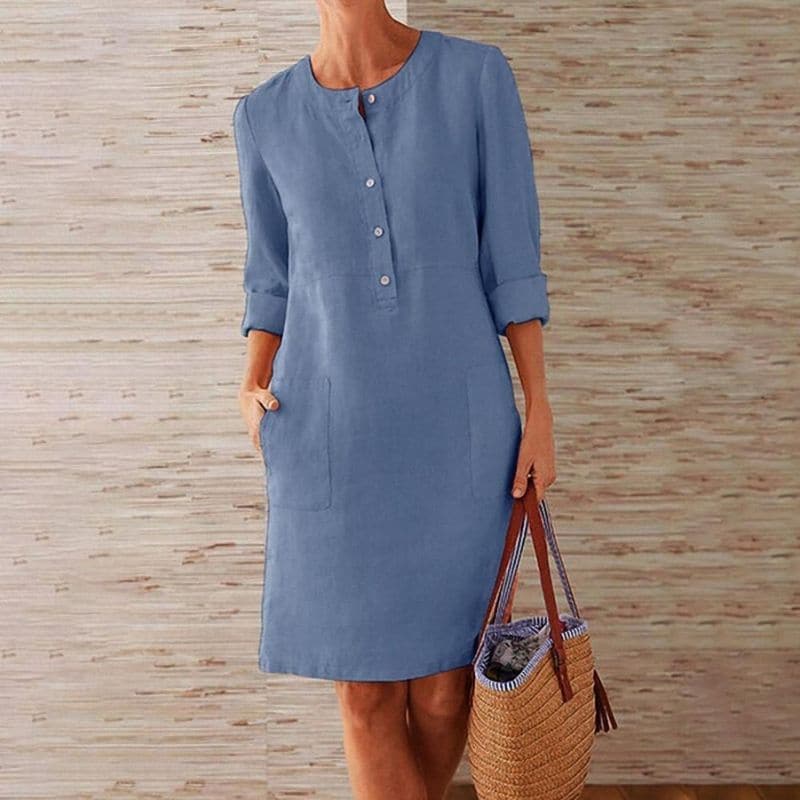 Lässiges & bequemes Damen Midikleid mit Knopfleiste, Seitentaschen – ideal als Freizeit- oder Sommerkleid.