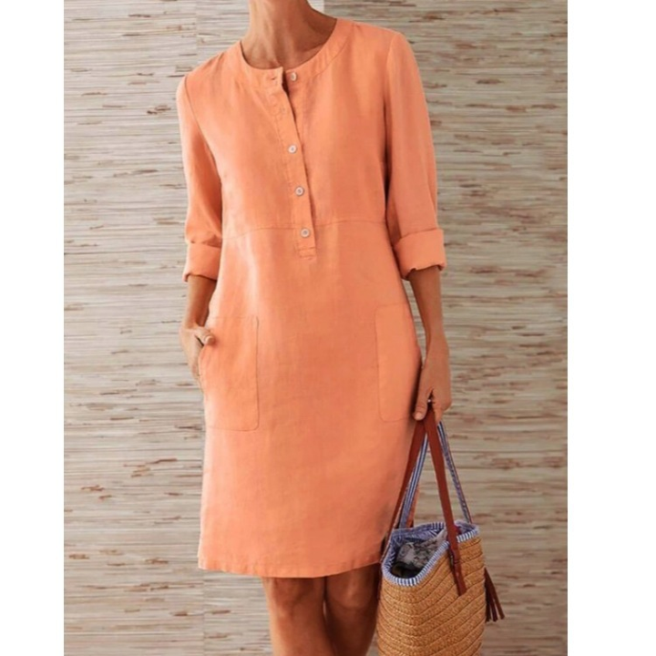 Modernes Damen Midikleid mit durchgehender Knopfleiste & praktischen Seitentaschen, perfekt für Alltag & Freizeit.