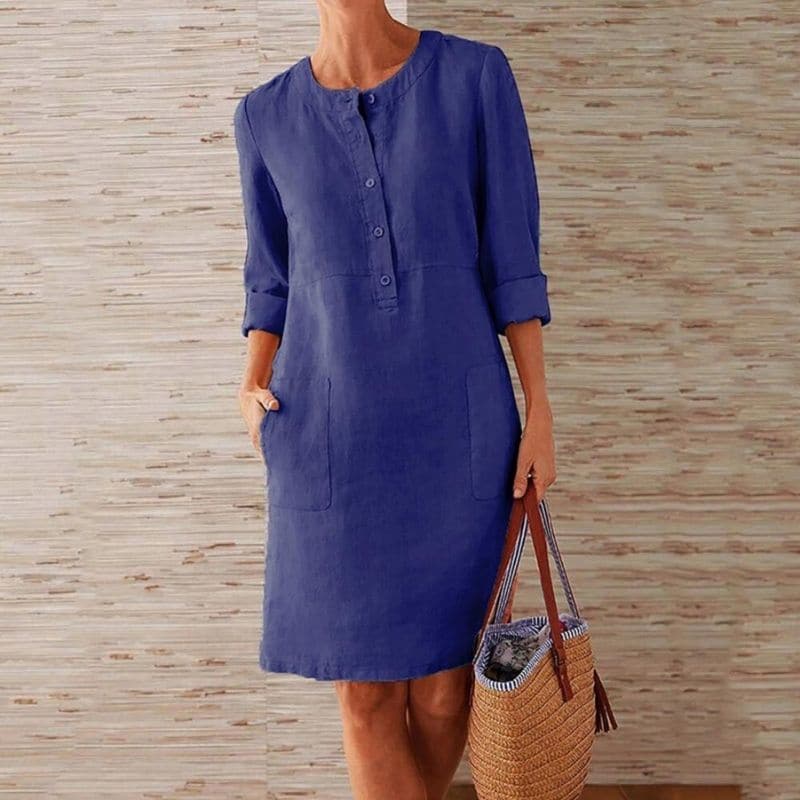 Elegantes Damen Midikleid mit Knopfleiste, 3/4 Ärmeln & praktischen Seitentaschen für den Sommer.