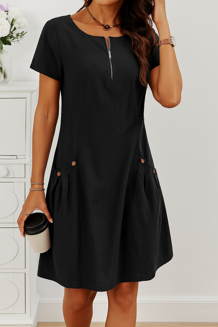 Modisches, bequemes Damen Midikleid mit Kurzarm, Reißverschluss & Taschen. Das ideale Freizeitkleid für Frühling/Sommer.
