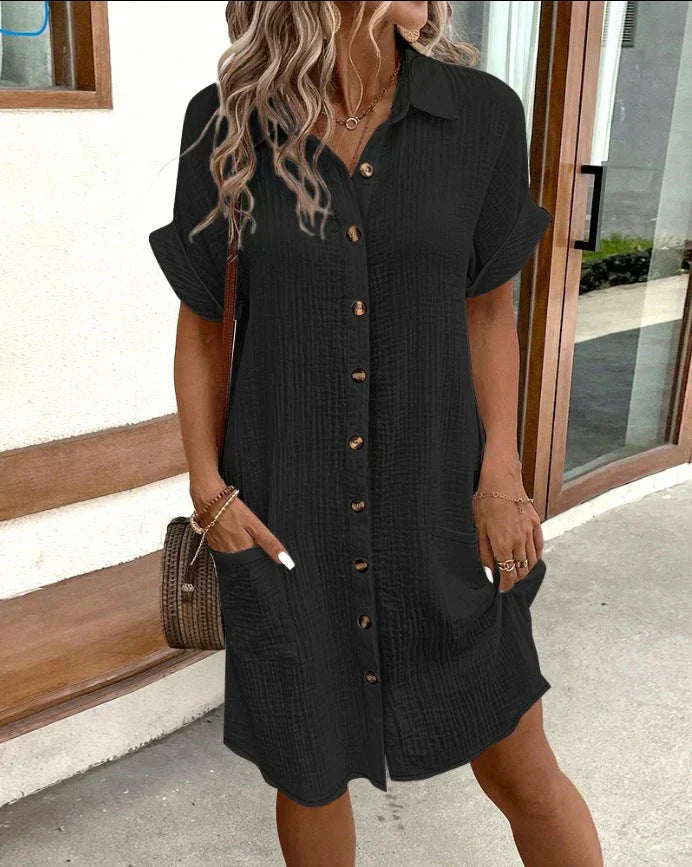 Boho Casual Damen Sommerkleid mit Reverskragen, Knopfleiste und Taschen. Perfekt für Freizeit & Frühling.