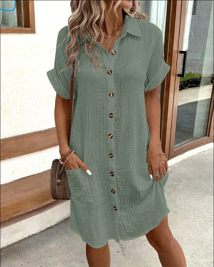 Fließendes Damen Midikleid, lässig-elegant, mit Reverskragen und Knopfleiste. Bequemes Sommer Freizeitkleid.