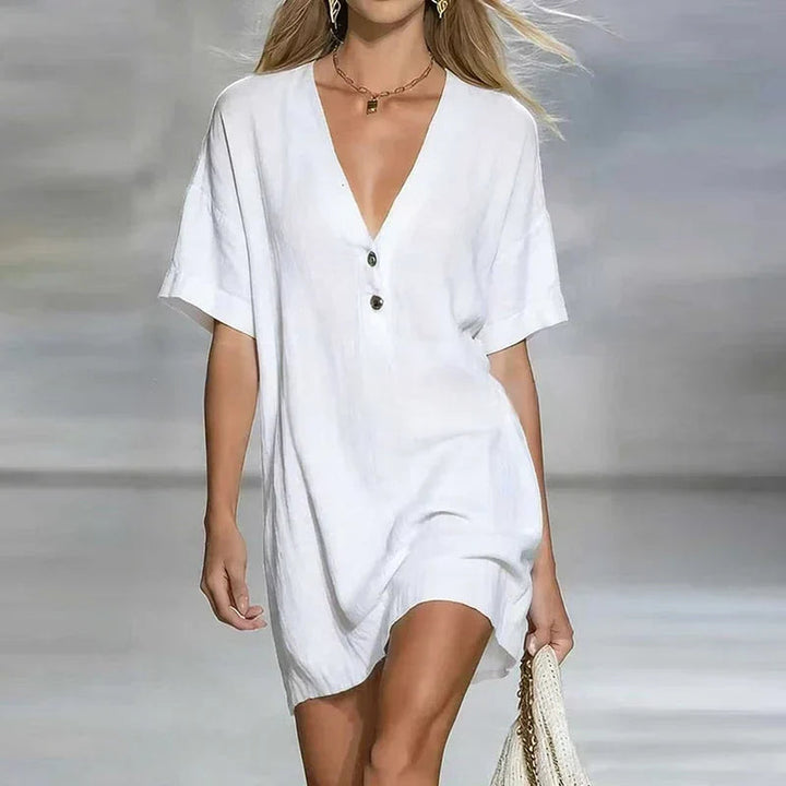 Elegantes Damen Minikleid mit tiefem V-Ausschnitt und durchgehender Knopfleiste. Modisches Kurzarm-Sommerkleid, locker.
