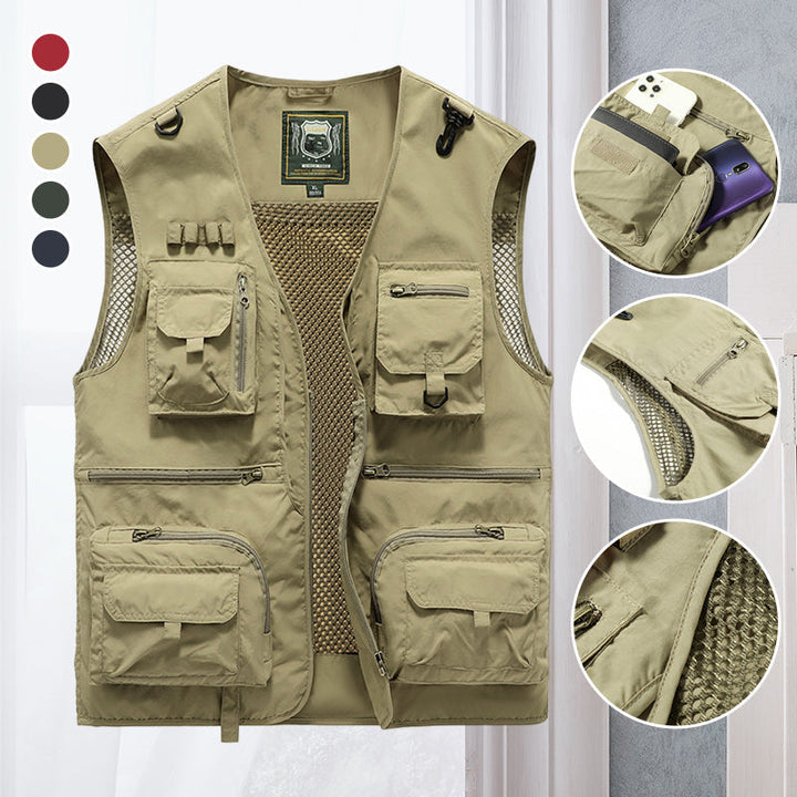Leichte Herren Freizeitweste in Khaki, atmungsaktives Mesh-Futter hinten, ideal für warme Sommertage.