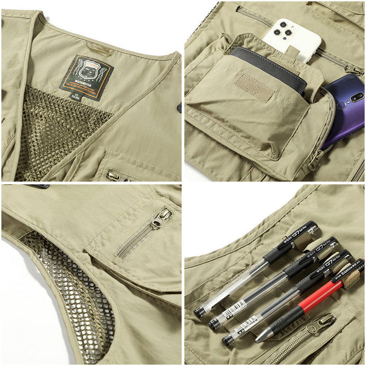 Nahaufnahme des strapazierfähigen, atmungsaktiven Materials der Herren Sommerweste, ideal für Outdoor-Aktivitäten.
