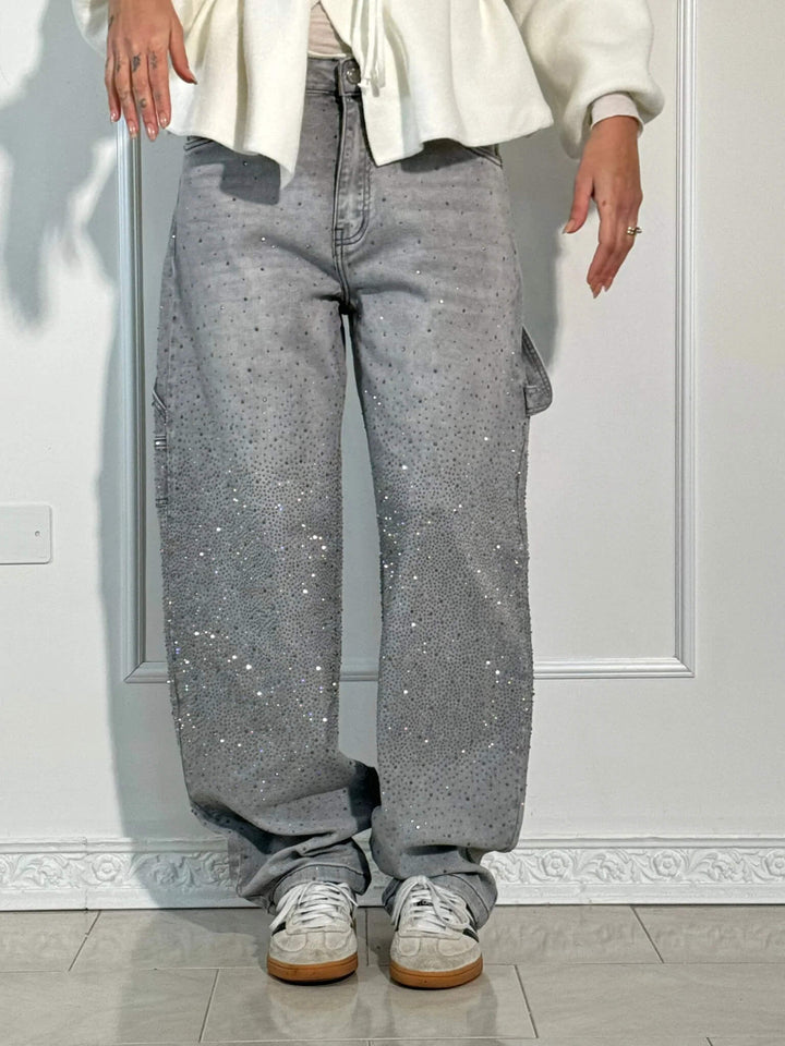 Bequeme Damen Wide Leg Jeans, mit dezentem Glitzer und entspanntem, weitem Schnitt.