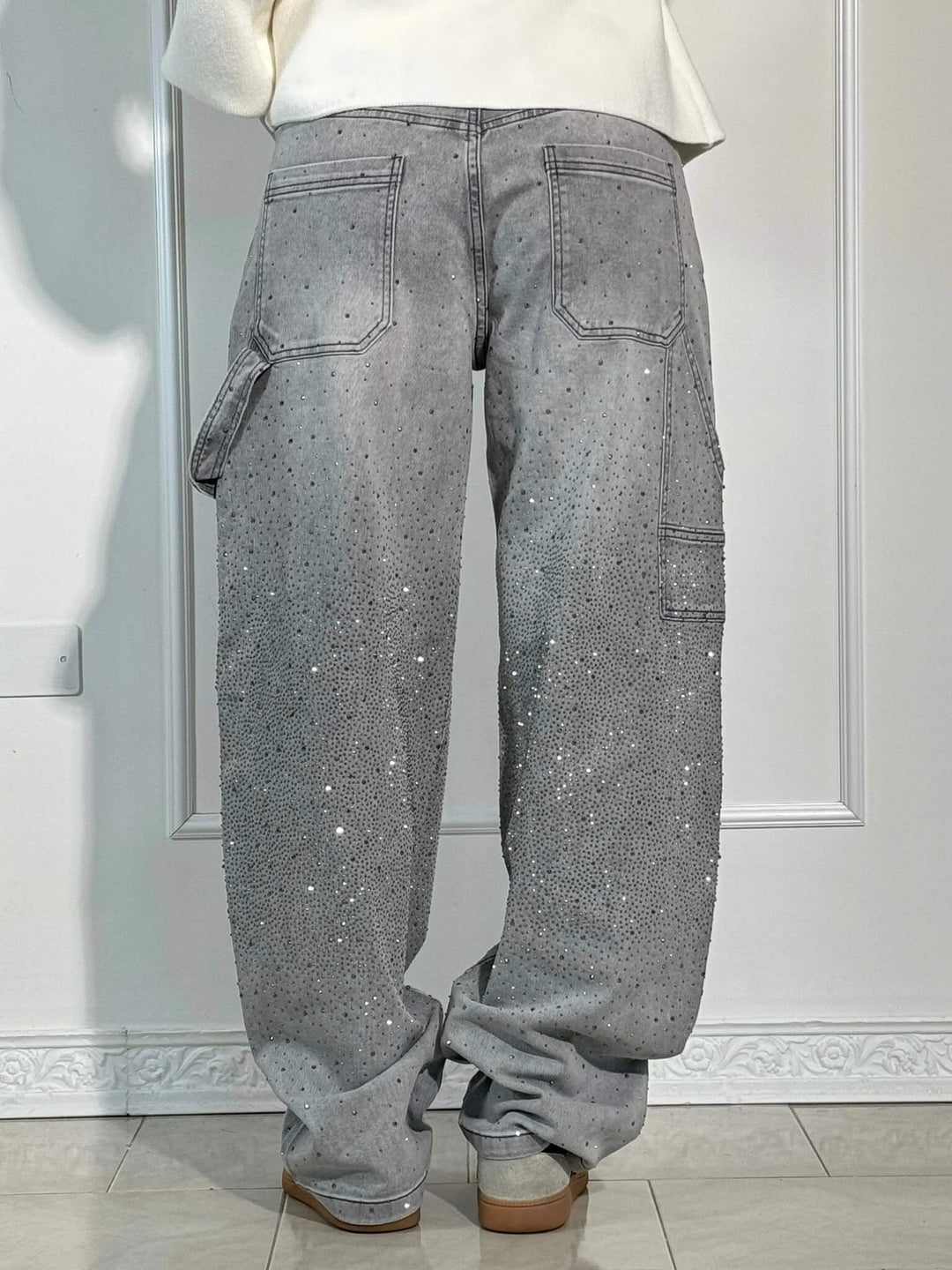 Entspannte Damen Glitzer Jeans, Baggy Stil für Freizeit und Party, sehr bequem.
