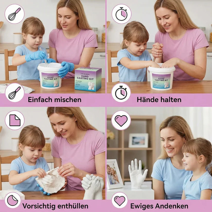 Handabdruck Set für Familien & Paare. Komplettes DIY Erinnerungsset mit Gips für detailreiche 3D Abdrücke, inkl. Anleitung.