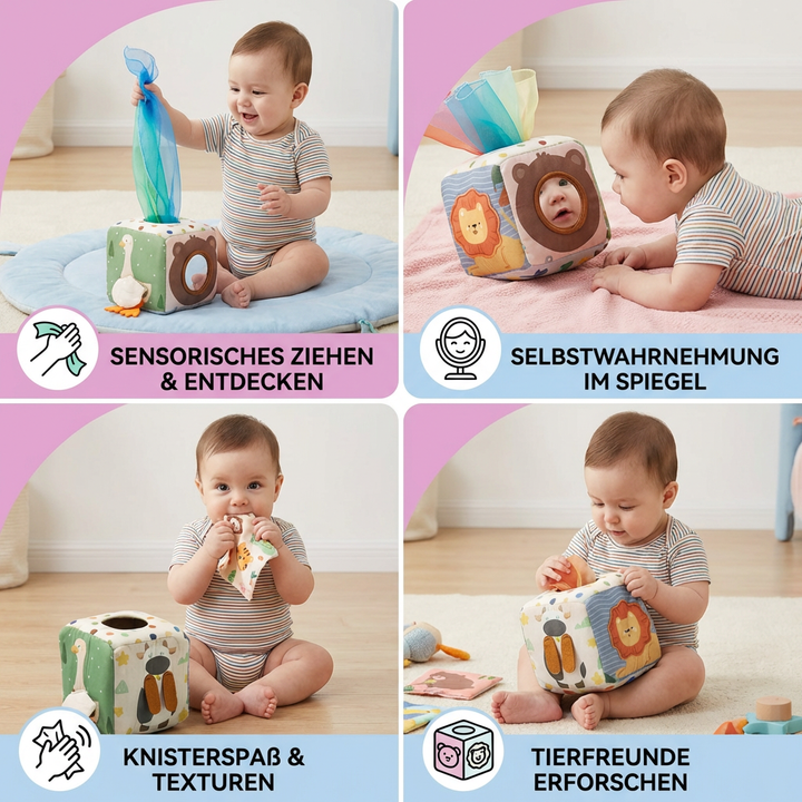 Robuste Babyspielzeug-Tücherbox im Montessori-Design, mit weichen Tüchern für Sensorik & Feinmotorik.