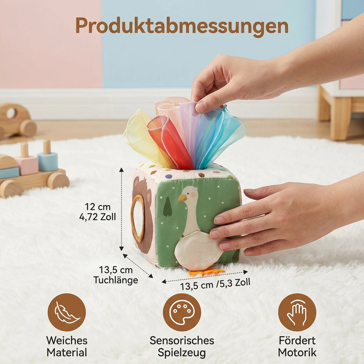 Montessori Lernspielzeug: Sensorik-Tücherbox zur spielerischen Förderung von Babys Feinmotorik & Entdeckungssinn.