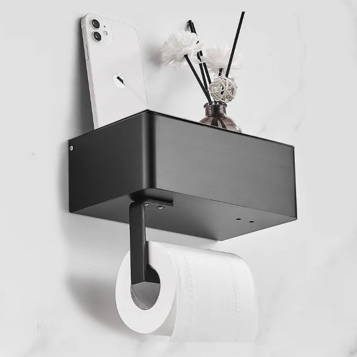 Toilettenpapierhalter mit Ablage für Utensilien, matt schwarz, moderner Bad-Organizer für die Toilette.