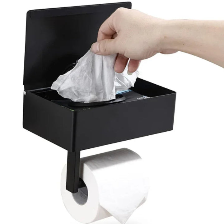 Moderner Toilettenpapierhalter mit Handyablage, matt schwarz, für Badezimmer Wandmontage.