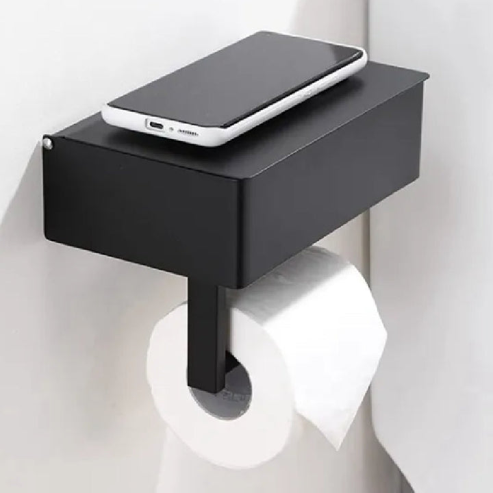 Eleganter WC-Rollenhalter mit Ablage, weiß matt, Badaccessoire für Handy & Utensilien.
