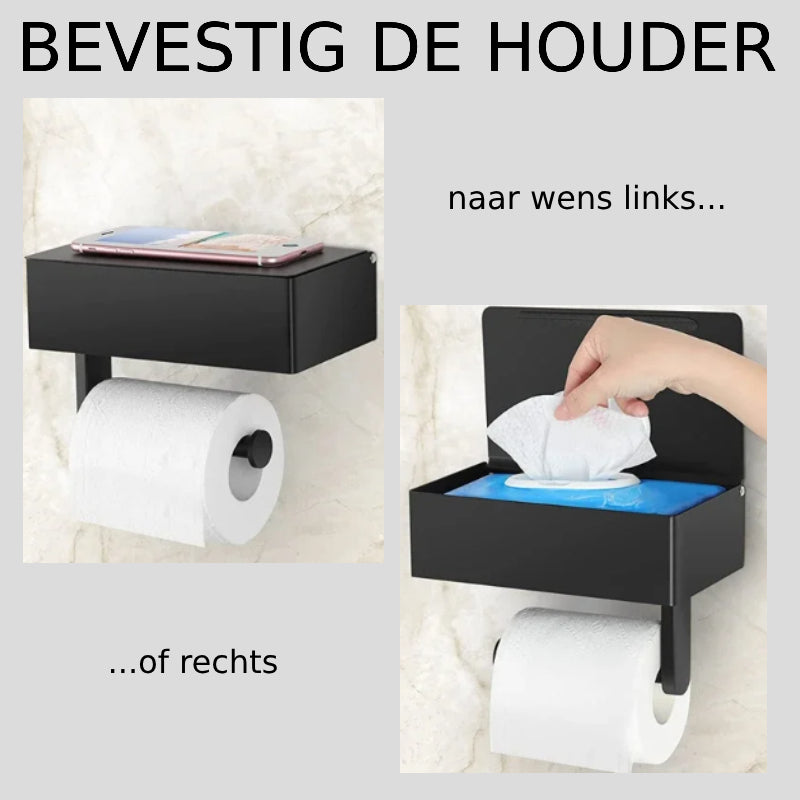 Matter schwarzer Toilettenpapierhalter mit stabiler Handyablage, idealer Badaccessoire Organizer.