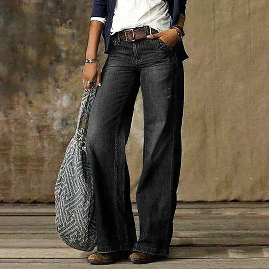 Blaue Damen Wide Leg Jeans mit hohem Bund, kreiert einen lässigen und modernen Boyfriend-Look mit hohem Tragekomfort.