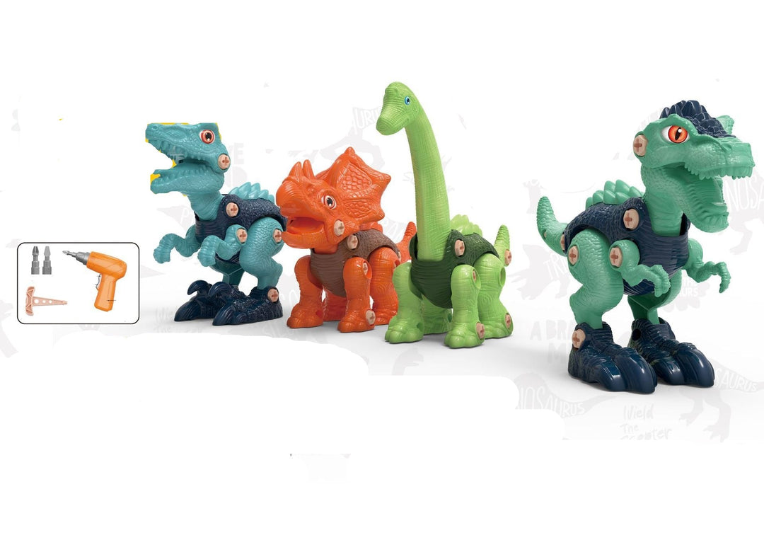 Kind baut einen T-Rex Dinosaurier mit dem Konstruktionsspielzeug. Lernspielzeug für Feinmotorik.