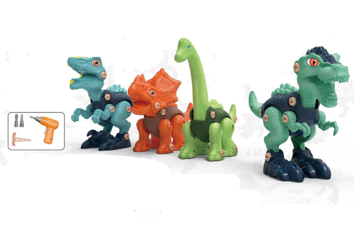Kind baut einen T-Rex Dinosaurier mit dem Konstruktionsspielzeug. Lernspielzeug für Feinmotorik.