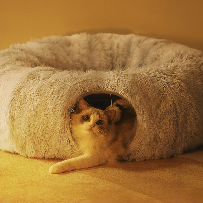 Plüschtunnel Spielbett: vielseitiges Katzenspielzeug und gemütliches Katzenbett, perfekt als Versteck und Kuschelhöhle.