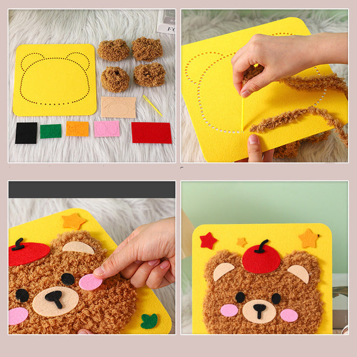 Inhalt des DIY Tierfiguren Bastelsets: Nadel, Faden, Filz, Anleitung. Fördert Kinder-Handarbeit.