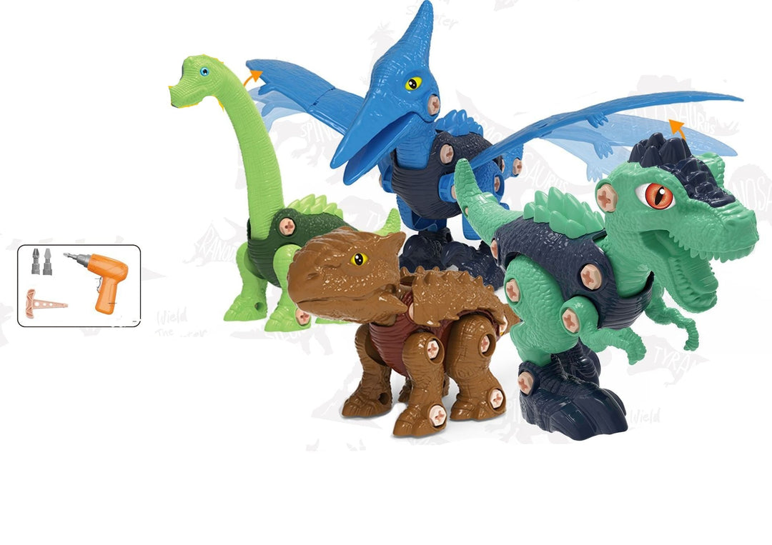 Detailaufnahme: Schrauben, Muttern und Werkzeug des Dinosaurier Bausatzes. Hochwertiges Kinderspielzeug.
