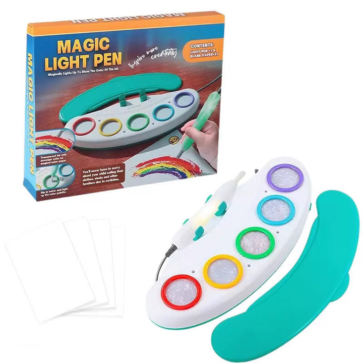 Zauber-Malstift leuchtet beim Zeichnen auf einer Fläche. Kinderspielzeug zur Kreativitätsförderung.
