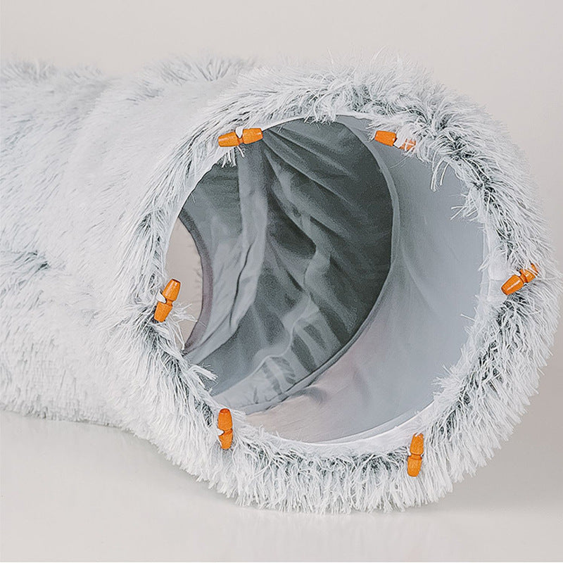 Stilvoller Plüschtunnel & Spielbett (grau/bunt) für Katzen, optimal als Katzenversteck und komfortable Kuschelhöhle.