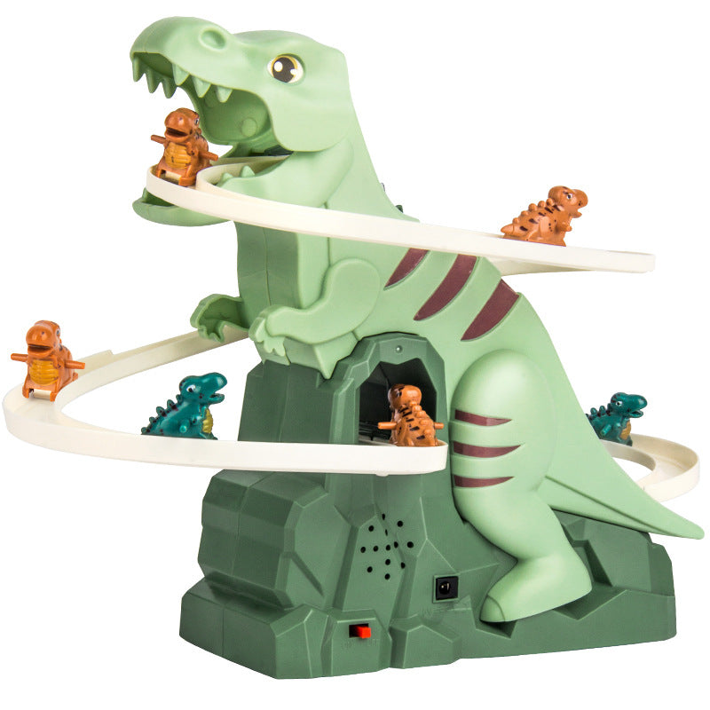 Kleinkind hat Freude auf der elektrischen Dino Rutsche Achterbahn. Fördert Gleichgewicht & Koordination spielerisch.