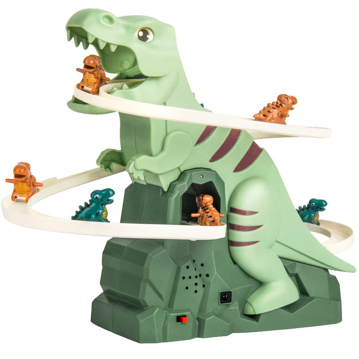 Kleinkind hat Freude auf der elektrischen Dino Rutsche Achterbahn. Fördert Gleichgewicht & Koordination spielerisch.