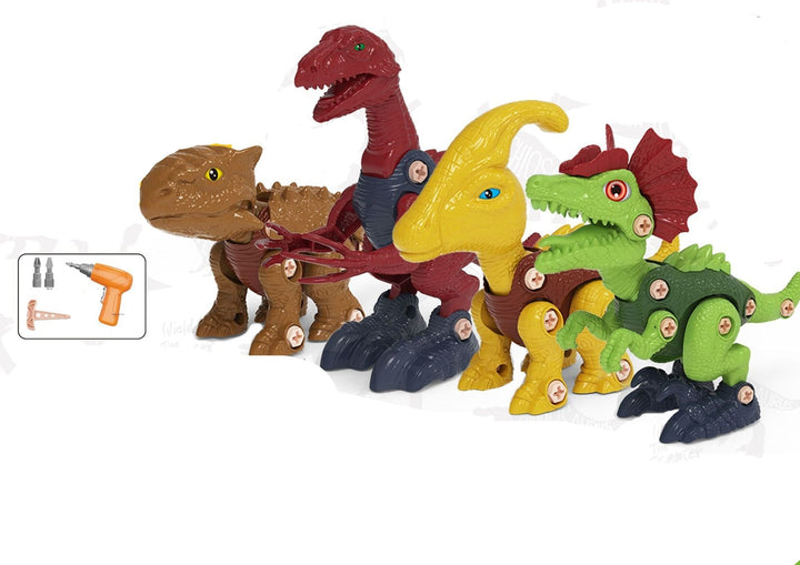 Mehrere Dinosaurier Figuren aus dem pädagogischen Konstruktionsspielset, ideal für kleine Baumeister.