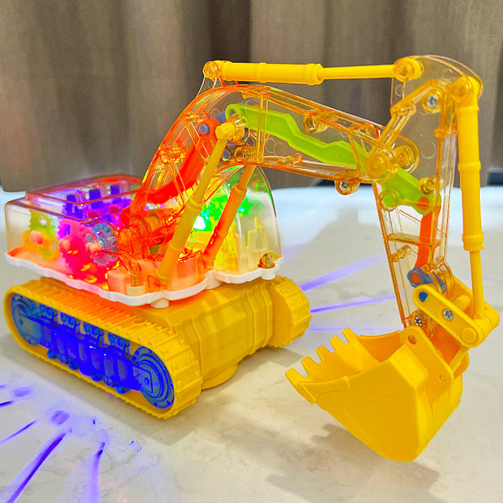 Gelb-blauer, tanzender Musik Bagger mit leuchtenden Lichtern. Spaßiges Elektronikspielzeug für Kinder.