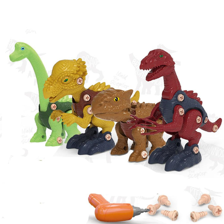Glückliches Kind spielt mit dem selbstgebauten Dinosaurier. Interaktives Kinderspielzeug und Geschenkidee.