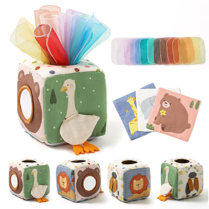 Perfektes Babygeschenk: Montessori Sensorik-Tücherbox, ein Fühlspiel & Lernspielzeug für Kleinkinder.