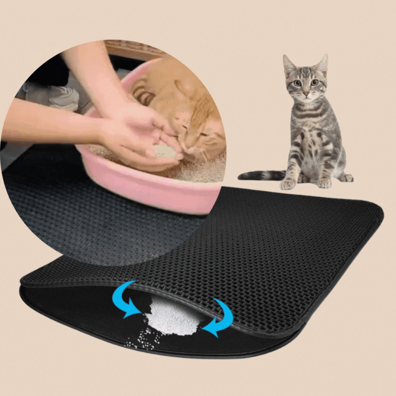 Doppellagige Katzenstreu-Matte in Grau, fängt Streu effektiv auf, wasserdicht, pflegeleicht, für sauberen Boden.