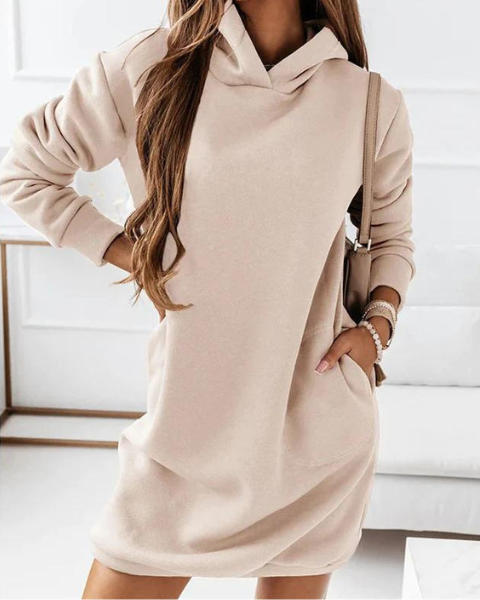 Damen Kapuzenkleid schwarz mit Taschen; locker geschnitten, ideal für bequeme Alltagslooks & Herbstmode.