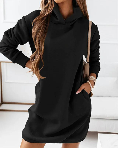 Bequemes Damen Maxikleid mit Kapuze & praktischen Taschen; lässiger Loose Fit für Freizeit & kühle Tage.
