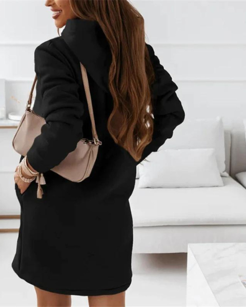 Stylisches Damen Herbstkleid mit Kapuze; schwarzes Freizeitkleid, locker & super bequem für den Alltag.