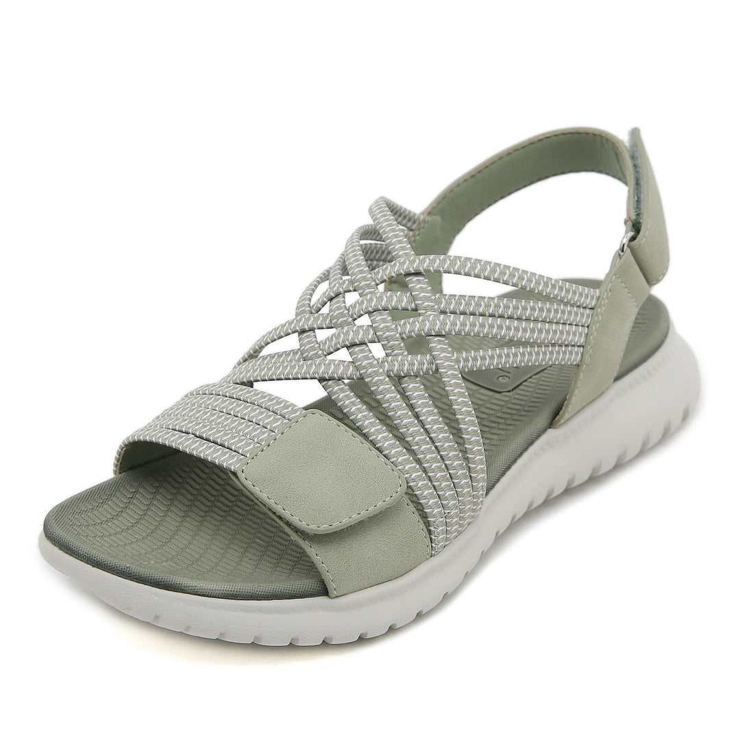 Grüne Damen Sportsandalen mit elastischen Flechtriemen, leicht & bequem für Freizeit & Outdoor.