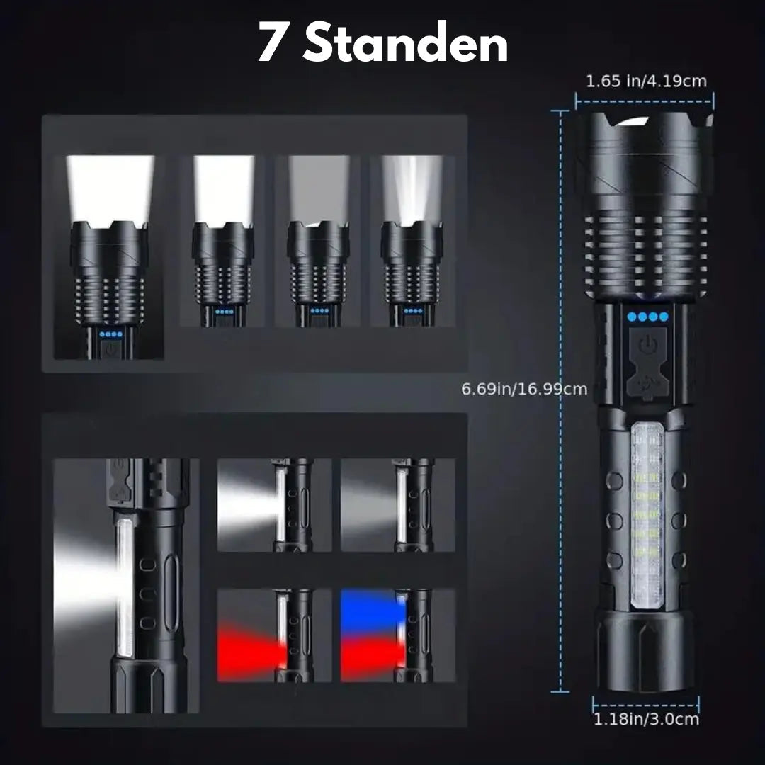 Leistungsstarke 5000 Lumen Militär LED-Taschenlampe für extrem helle Ausleuchtung bei Outdoor & Notfall.