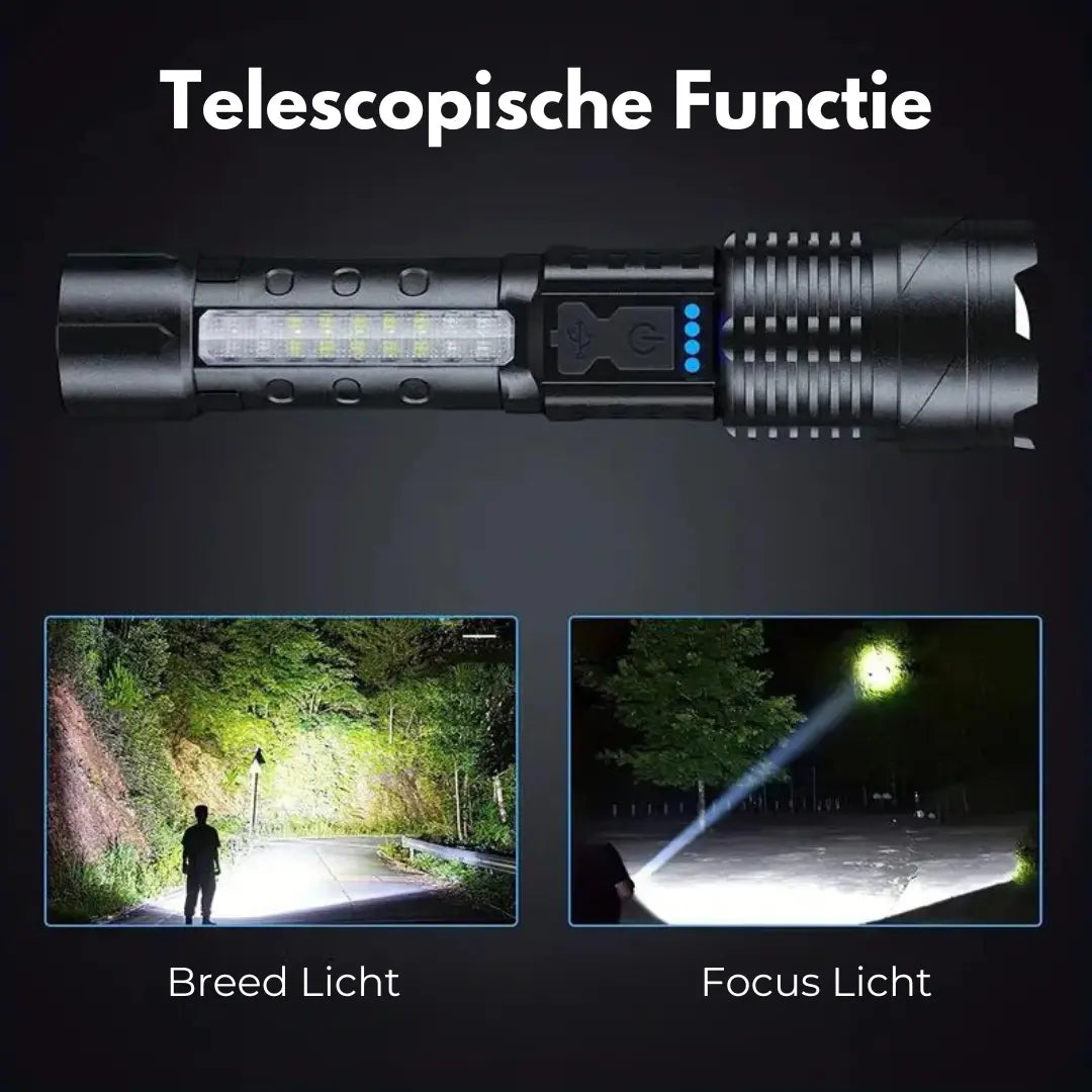 Heller Lichtstrahl der 5000 Lumen Militär-Taschenlampe in der Nacht. Ideal für Outdoor, Camping & Survival.