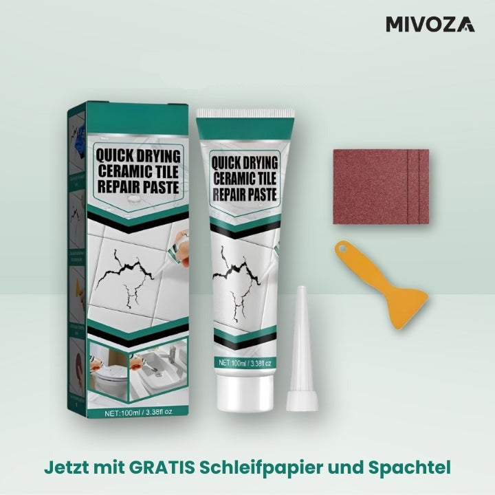 Nahtlose Reparatur von gesprungenen Fliesen mit unserer weißen Keramik- und Marmor Reparaturpaste.