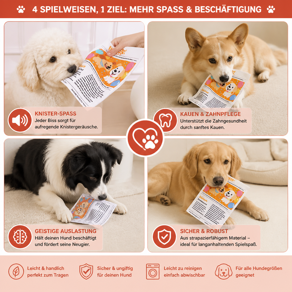 Interaktives Hundespielzeug mit spannendem Knistereffekt, sehr robust für aktive Hunde und langes Spiel.