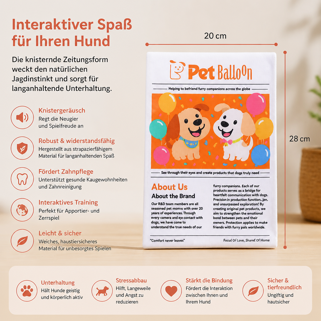 Robuster Tierbedarf: knisterndes Hundespielzeug im Zeitungs-Design, ideal für interaktiven Spielspaß.