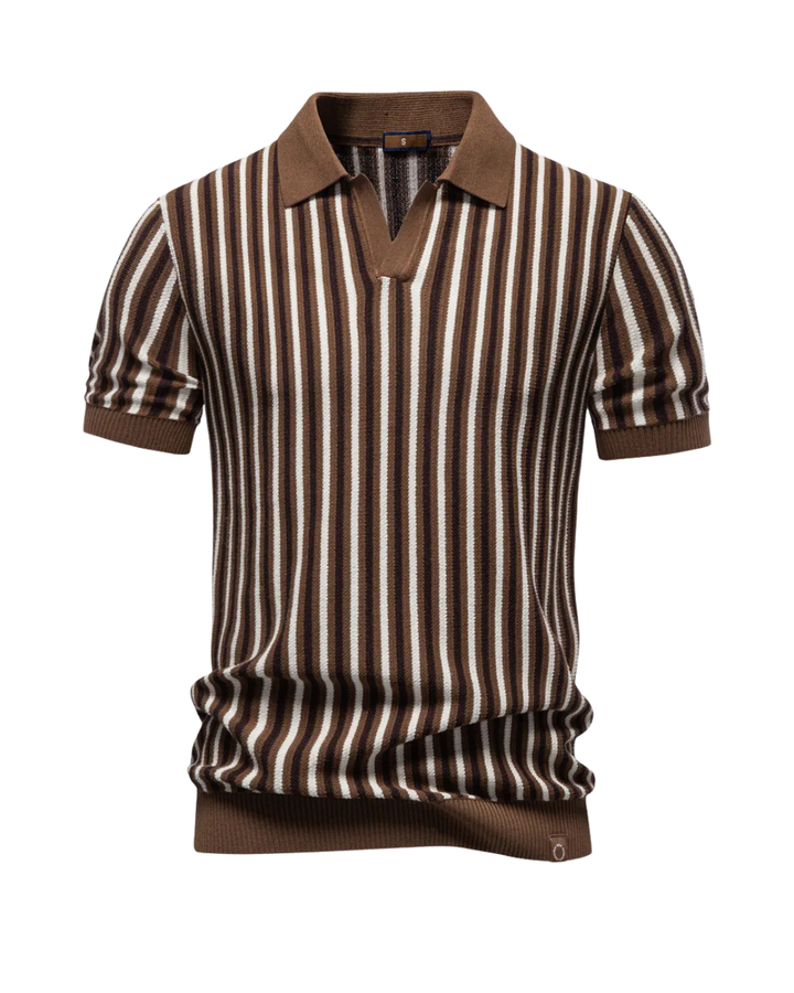 Herren Strick-Poloshirt mit elegantem Streifenmuster für einen stilvollen Freizeit-Look, kurze Ärmel.
