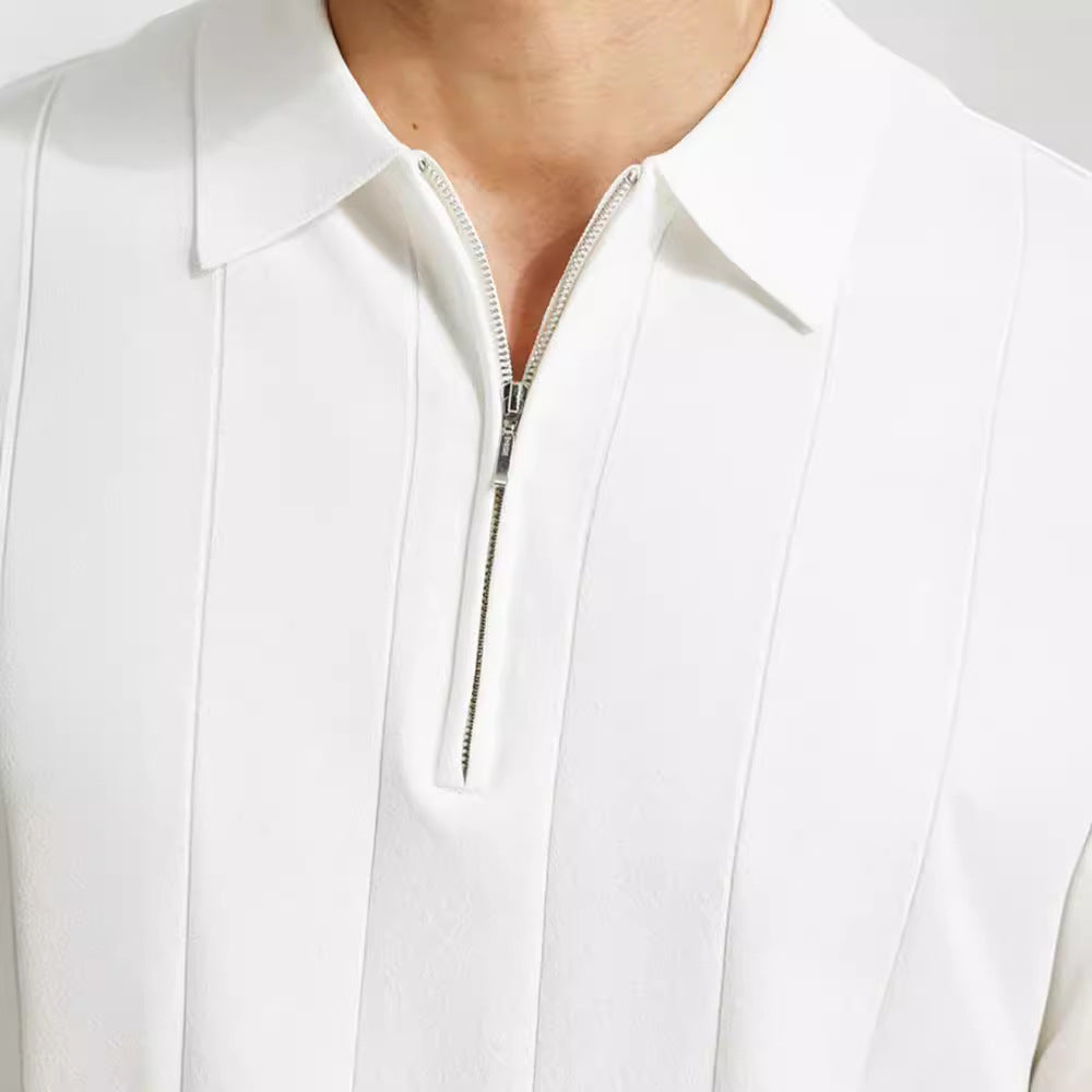 Vielseitiges Herren Kurzarm Strick-Poloshirt mit Reißverschluss. Gestreiftes Polo für Freizeit & Business-Casual Mode.