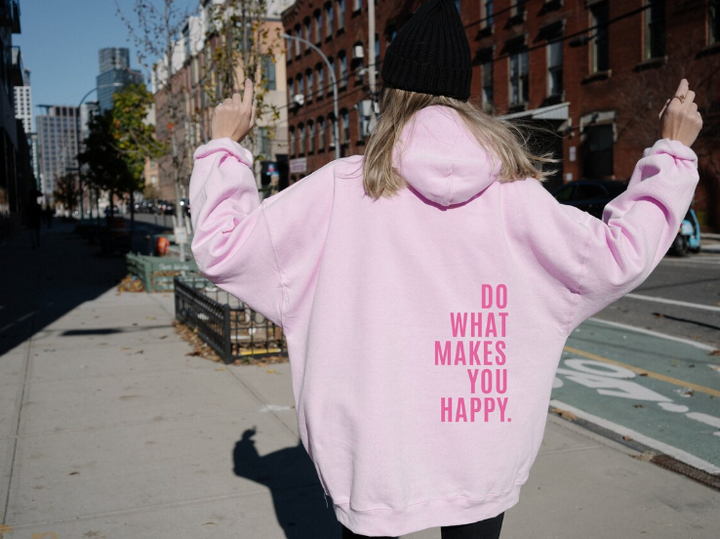 Stilvoller Oversized Damen Hoodie mit 'DO WHAT MAKES YOU HAPPY' Print, für Komfort und ein positives Statement.