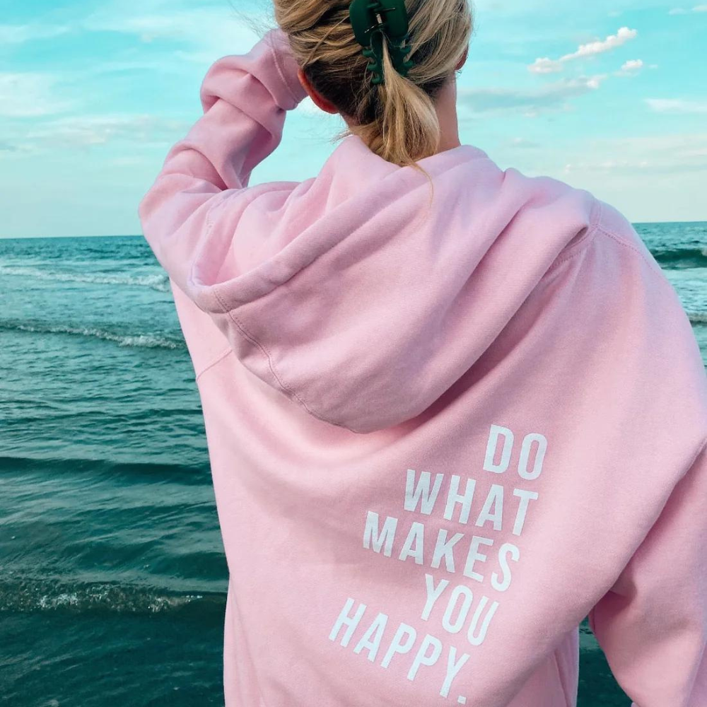 Damen Oversized Kapuzenpullover 'DO WHAT MAKES YOU HAPPY', schwarz, für lässigen Freizeit-Look & Motivation.