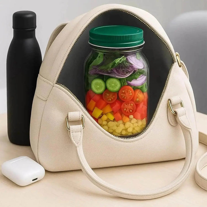 Wiederverwendbare Lunchbox mit separaten Fächern, ideal zum Frischhalten von Salaten.